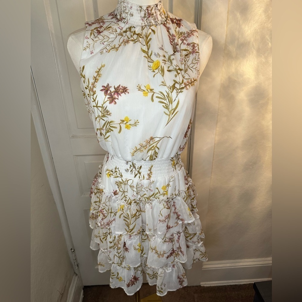 1. State Mock Neck Sleeveless White Floral Dress